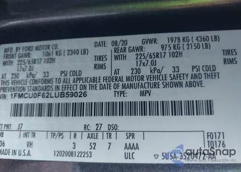 2020 Ford Escape S z USA, uszkodzony, nr VIN 1FMCU0F62LUB59026